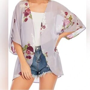 Sheer Pink Floral Lightweight Kimono Cardigan Bohemian Beach Cover Up XL